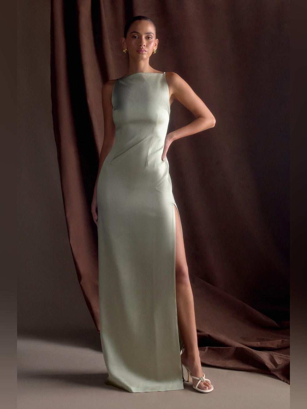 Meshki Sage Green Satin Slip Maxi Dress with Side Slit